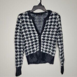 Truth by Republic Houndstooth Print Fuzzy Cardigan Black White Button Front XS